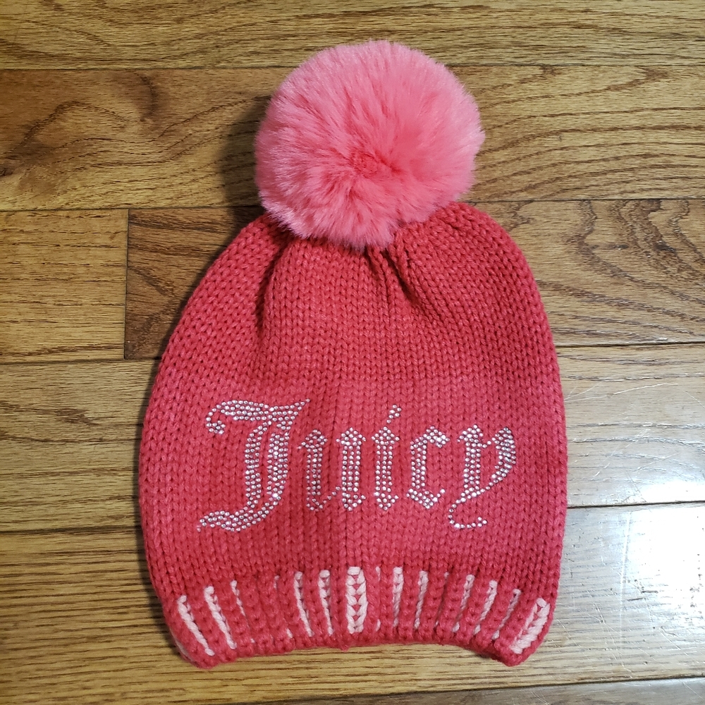 Juicy Couture Pink Pom Rhinestone Logo Knit Beanie